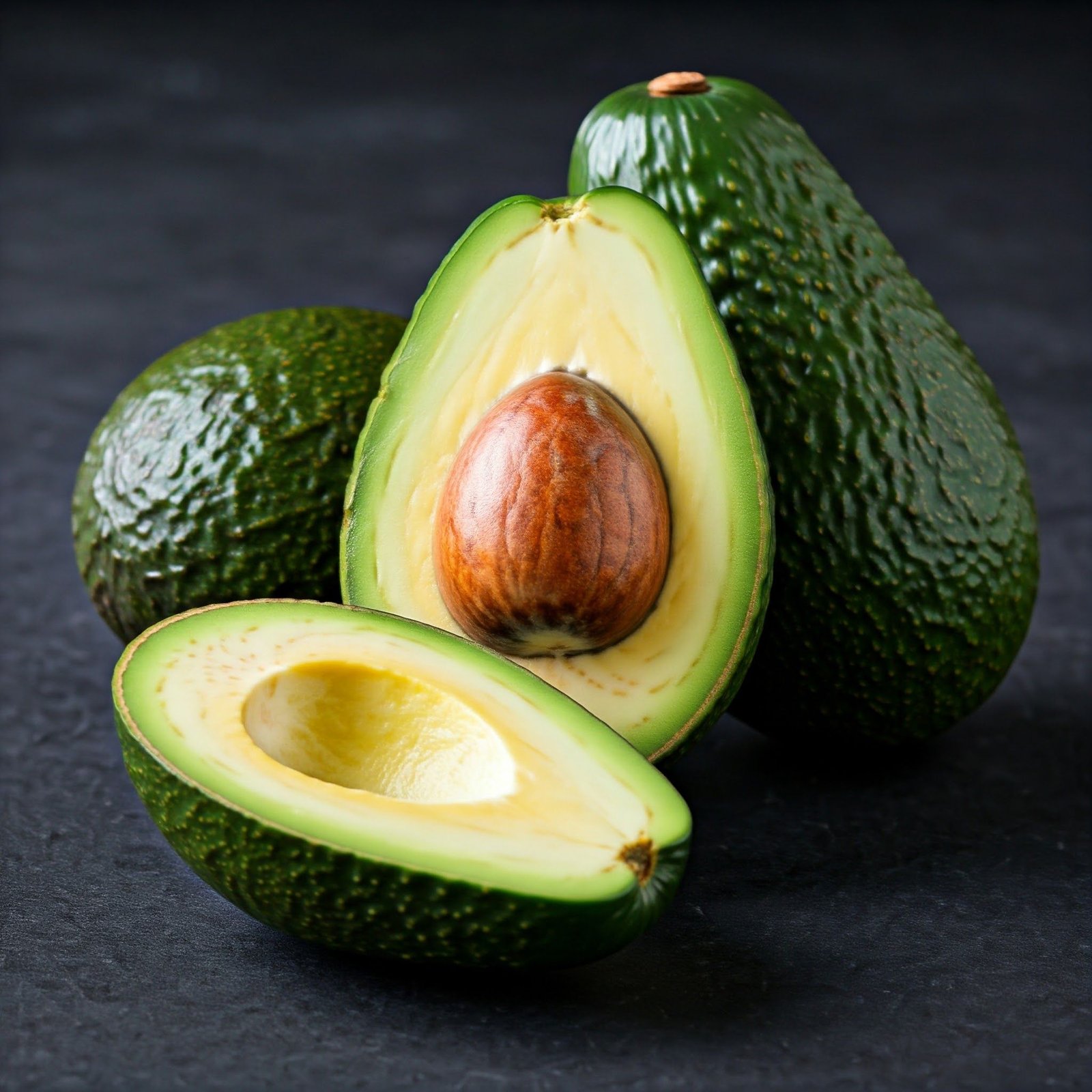 Aguacates Hass reales sobre un fondo oscuro