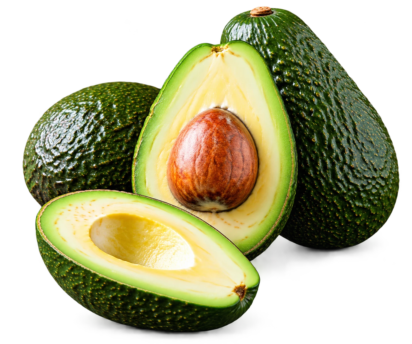 Aguacates Hass Furia Selección en distintas etapas de maduración, enteros y abiertos
